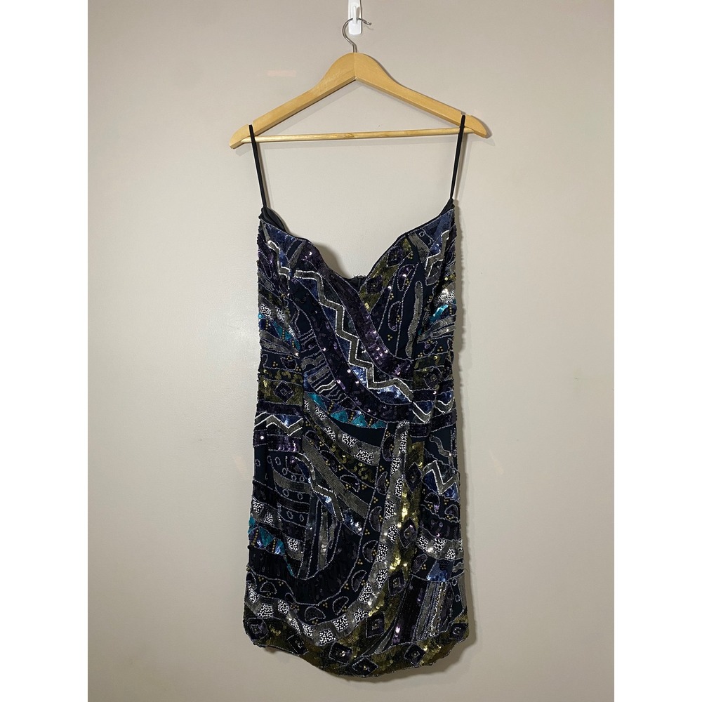 Art Deco Beaded Mini Dress Black‎ Teal Geometric Size 12 EUC French Connection